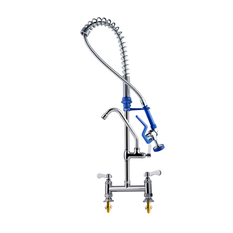 Luksusowa przemysłowa bateria do kuchni gastronomicznej z prysznicem wstępnego płukania, podwójna rączka, stal nierdzewna, montowana na blacie, mosiężna wanna z ciepłą i zimną wodą