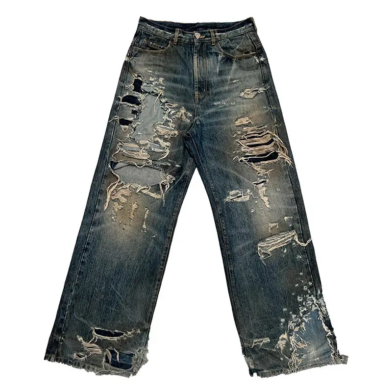 For Jeans Hip Hop 14 Oz Stonewashed Ragged Cotton Wide Leg Ripped Vintage Denim Pant Baggy Boyfriend Men's High Quick Dry gallery 2