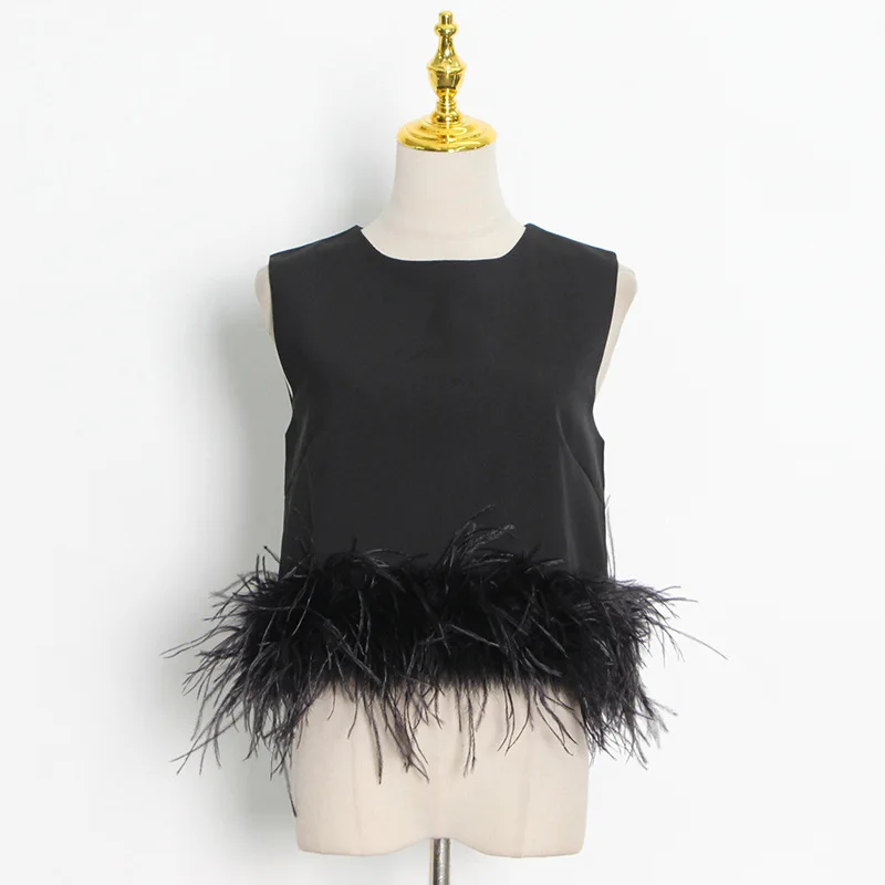 New Design Sleeveless Feather Trim Women's Tank Top - Stylish
