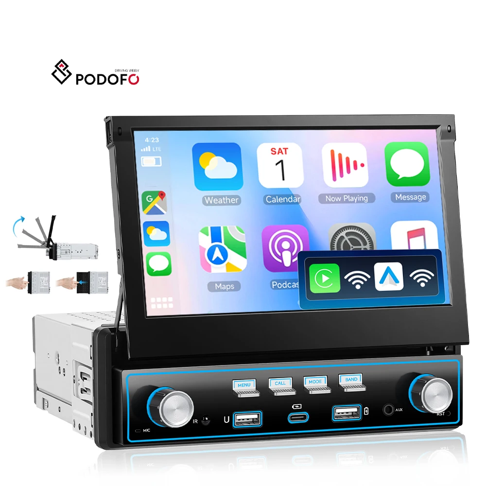 Podofo Single Din 7-inch Car MP5 Player Wireless Carplay Android Auto Retractable Car Stereo Autoradio BT FM Type-C/USB OEM/ODM A4594