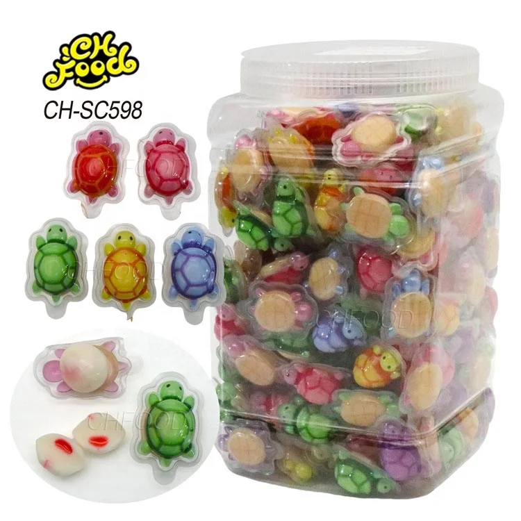 Wholesale 2g Halal 3d Cartoon Small Sea Creature Tortoise Shape Strawberry Jam Filled in Ball Gummy Candy Sweets Snack Food