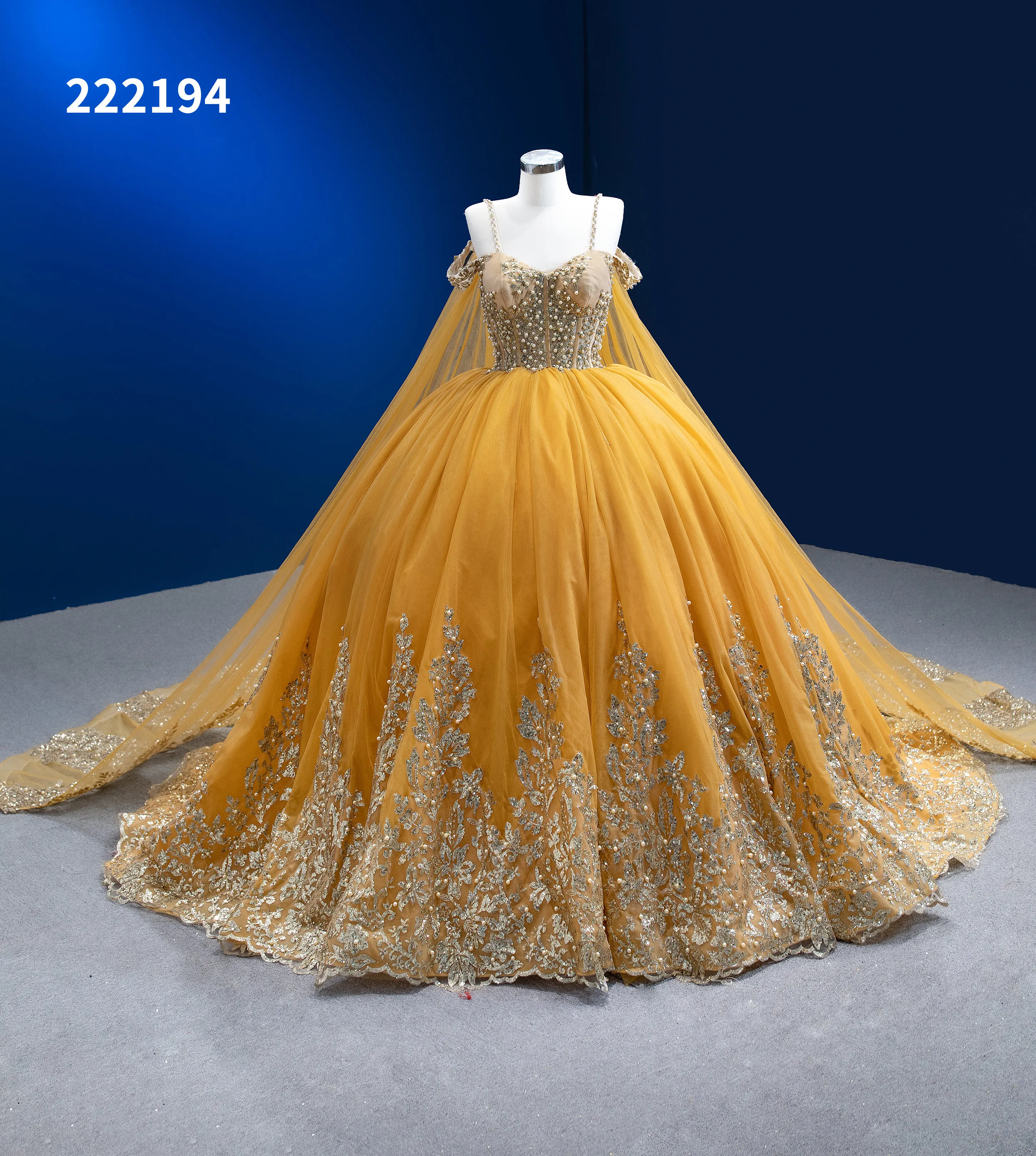 QUEENSGOWN Ladies Light Yellow Dress Shawl Party Ball Gown Elegant Sweetie  Embroidery Beading Dress