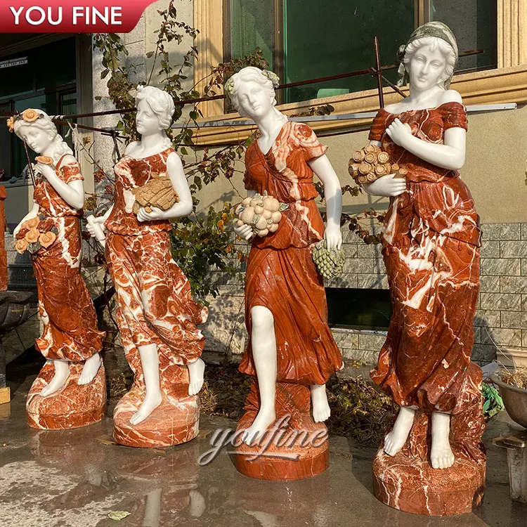Famous Design Outdoor European Style Hand Carved Mixed Red & White Marble Stone Statue Four Season Gods Sculpture