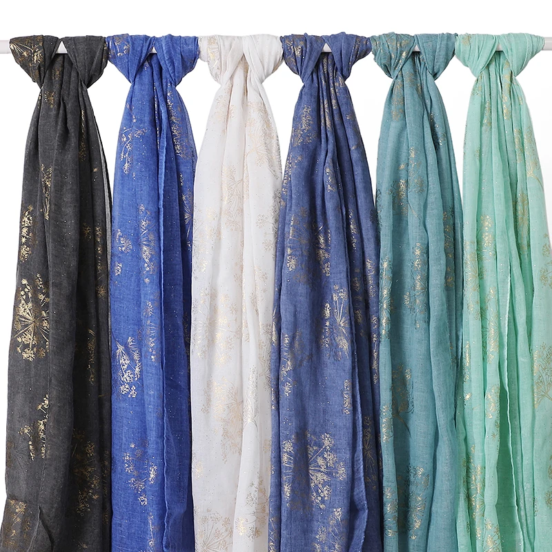 2022 Spring New Style Cotton Viscose Material Shinning Gold Snow Fancy Hijab Wrap