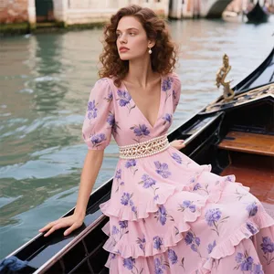 2026 Summer High Waisted Tiered Ruffle A-Line Dress Printed Cotton Linen V-Neck Zipper Draped Diamond Maxi Dresses