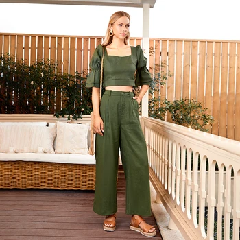 Factory customized summer woven women's two-piece set, women's bubble sleeve top, and women's suit pants