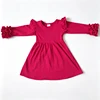 Wine Red Solid Multi Ruffle Long Sleeve Girls Dress