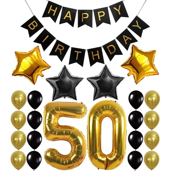 Ychon star mylar Ballon Happy Birthday Banner Self Inflating Black and Gold Foil Balloons Happy 50th Birthday Party Decorations