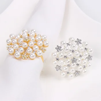 Wedding Crystal Napkin Rings Wholesale Pearl Beaded Crystal Serviette Buckle Holder Rhinestones Napkin Ring Holder