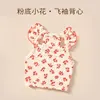 Vest with flutter sleeves, pink foundation, small flowers