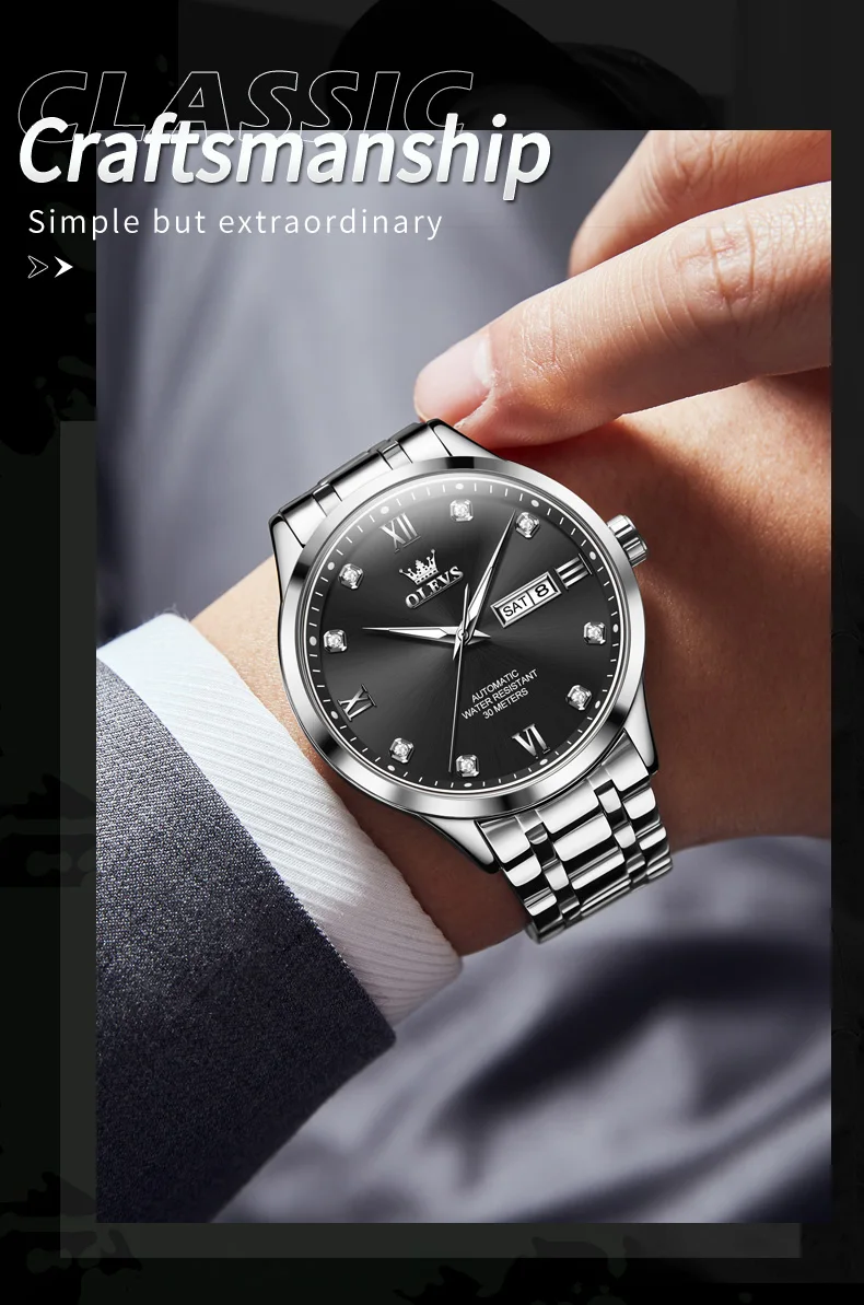 OLEVS 9946 Classic Stainless Steel Material Automatic Movement Dual Calendar Diamond Gold Dial Mechanical for Men Luminous Watch