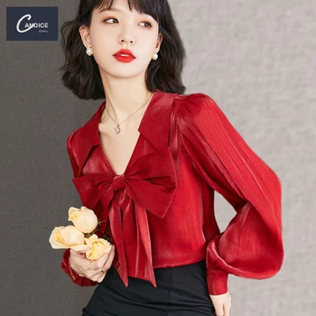 Candice 2022 high quality V neck bow puff long sleeve silk plus size shirts red blouses elegant women