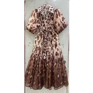 Factory Wholesale Vacation Casual Midi Dress Women Spring Summer Leopard Printed Puff Sleeve Single-Breasted Loose Belt Dress