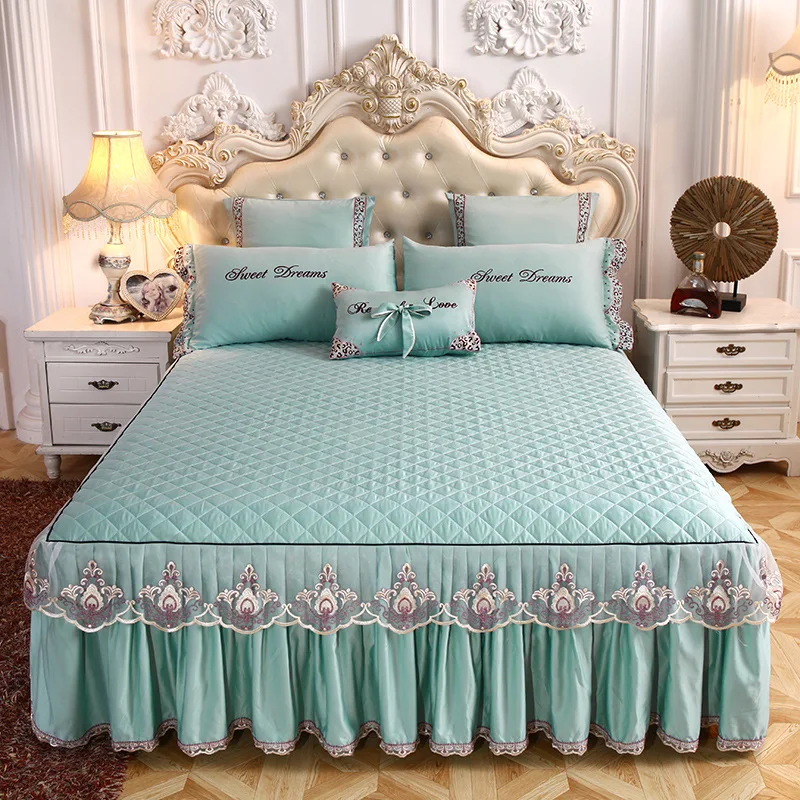 Royal Winter Smooth Fabric Bed Cover Skirt Set,European Girl Princess Bedroom Lace Ruffle