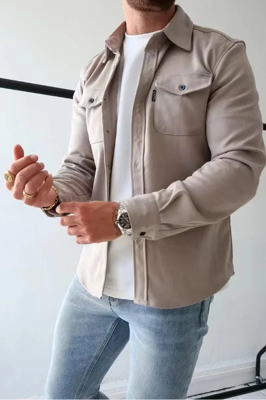 Men's casual shirt jacket, long sleeve lapel outerwear coat, solid color, single-breasted jacket, pocket coat for autumn and winter fashion