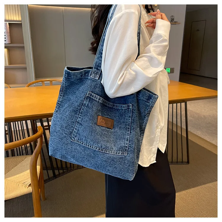 Custom Logo Eco Recycle Reusable Grocery Designer Women Shoulder Jean Cloth Tote Bags Denim Tote Bag