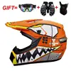 Gafas de tiburón naranja brillante, máscara y guantes.