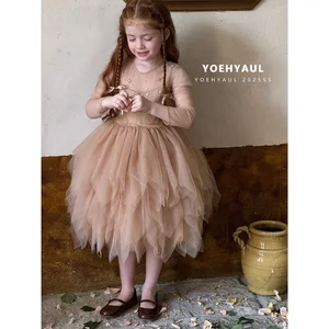 YOEHYAUL 25181 Vintage Little Girls Fancy Dress Princess Cotton Lining Tulle Luxury Kids Event Girl Dress Party Wear