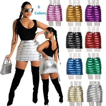 Tiktok Trend Womens Shiny Short Skirts 2022 Pleated Hot Sexy School Girls Short Skirts Metallic Mini Leather Puffer Bubble Skirt