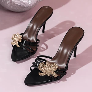 2026 New Trendy High Top Style Gorgeous Metal Flower Decoration Open-Toed Women's Sandals-Sexy High Heels with Plus Size