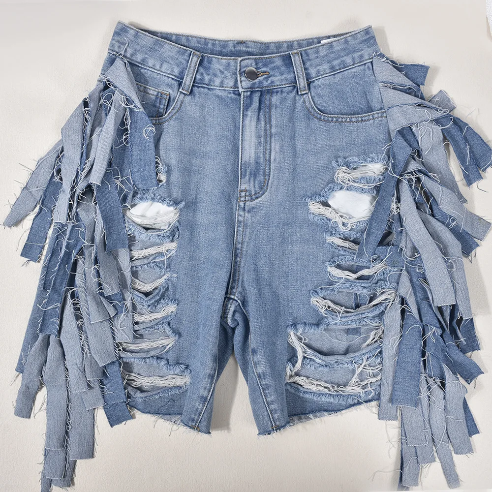 Women's Custom Brand Summer Sexy Denim Shorts with Pockets Breathable Fashionable Featuring Ripped Hole Design Custom Printing details