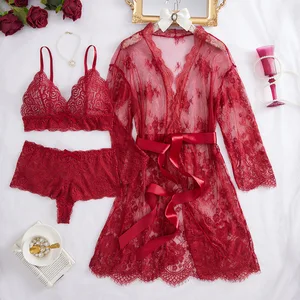 New Arrivals: European & American Style Sexy Lingerie Lace-Trimmed Solid-Color Underwear & Nightgown Three-Piece Set