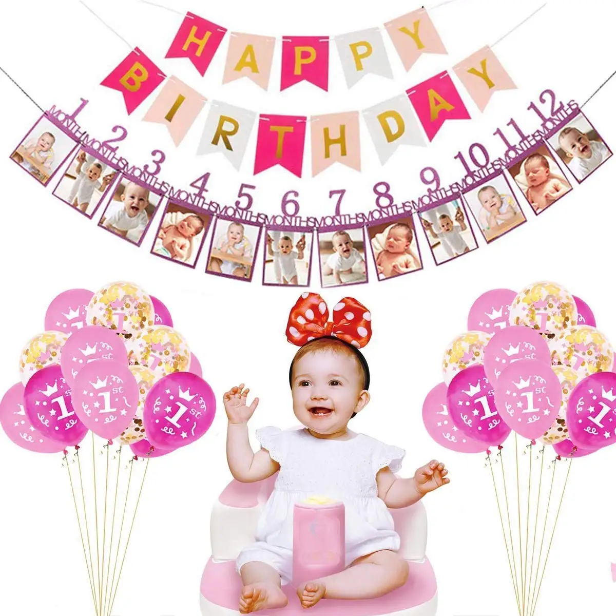 Start Party Girls Happy Birthday Banner Baby Photo Banner Latex ...