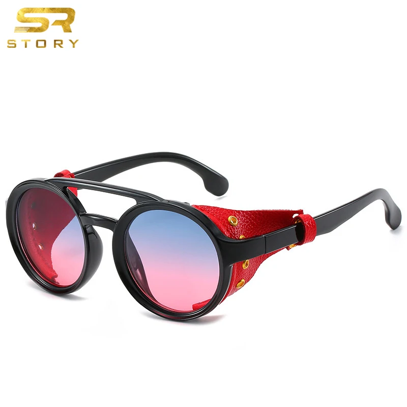 STORY STY1915G PU Leather Designer Round Frame Eyeglasses Men Women UV400 Vintage Sunglasses Retro Steampunk Sun Glasses