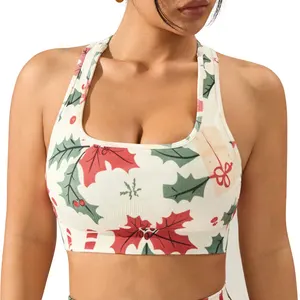 Yoga Sports Bra Seamless Breathable Square Neck Maple Leaf Printed High Support Top  for Woman Out Wear