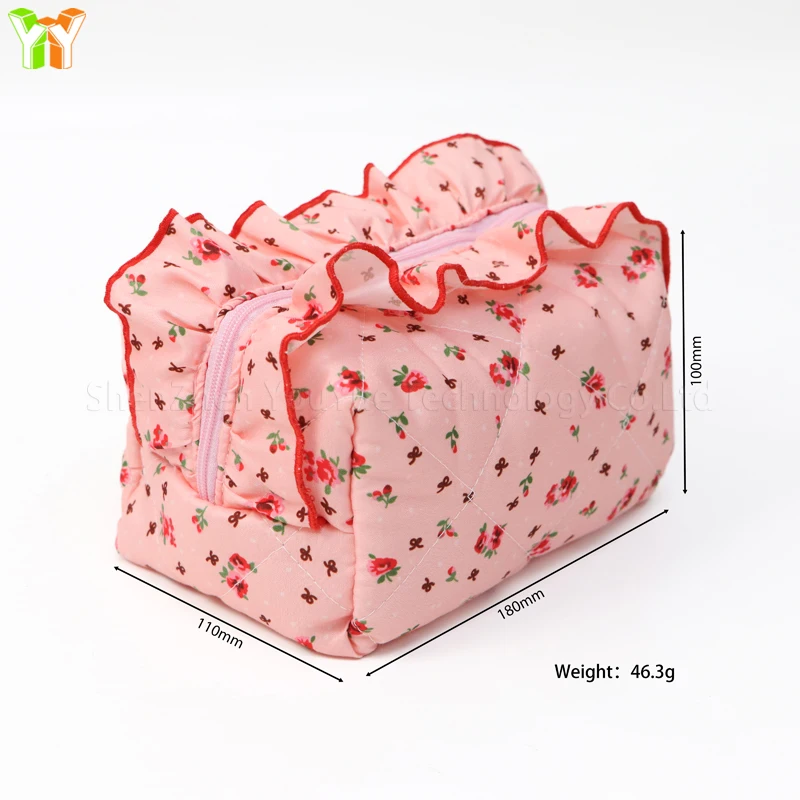 YY Stock Cute Quilted Lace Floral Makeup Bag Soft Cherry Cosmetic