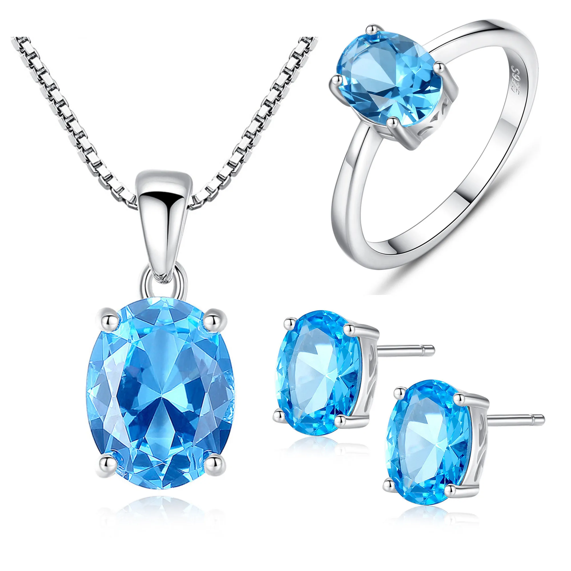 Fashion Women Jewelry Set 925 Sterling Silver Jewelry Cubic Zirconia Oval Cut Synthetic Blue Sapphire Ring Necklace Earring