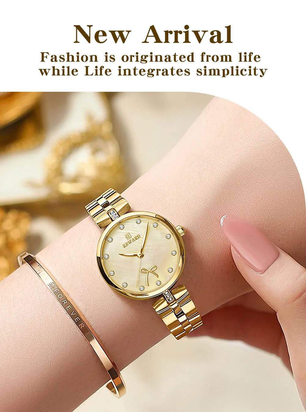 REWARD New Simple Thin Quartz Watches for Women Shell Dial with Rhinestones Clock Female Stainless Steel Band Wristwatch