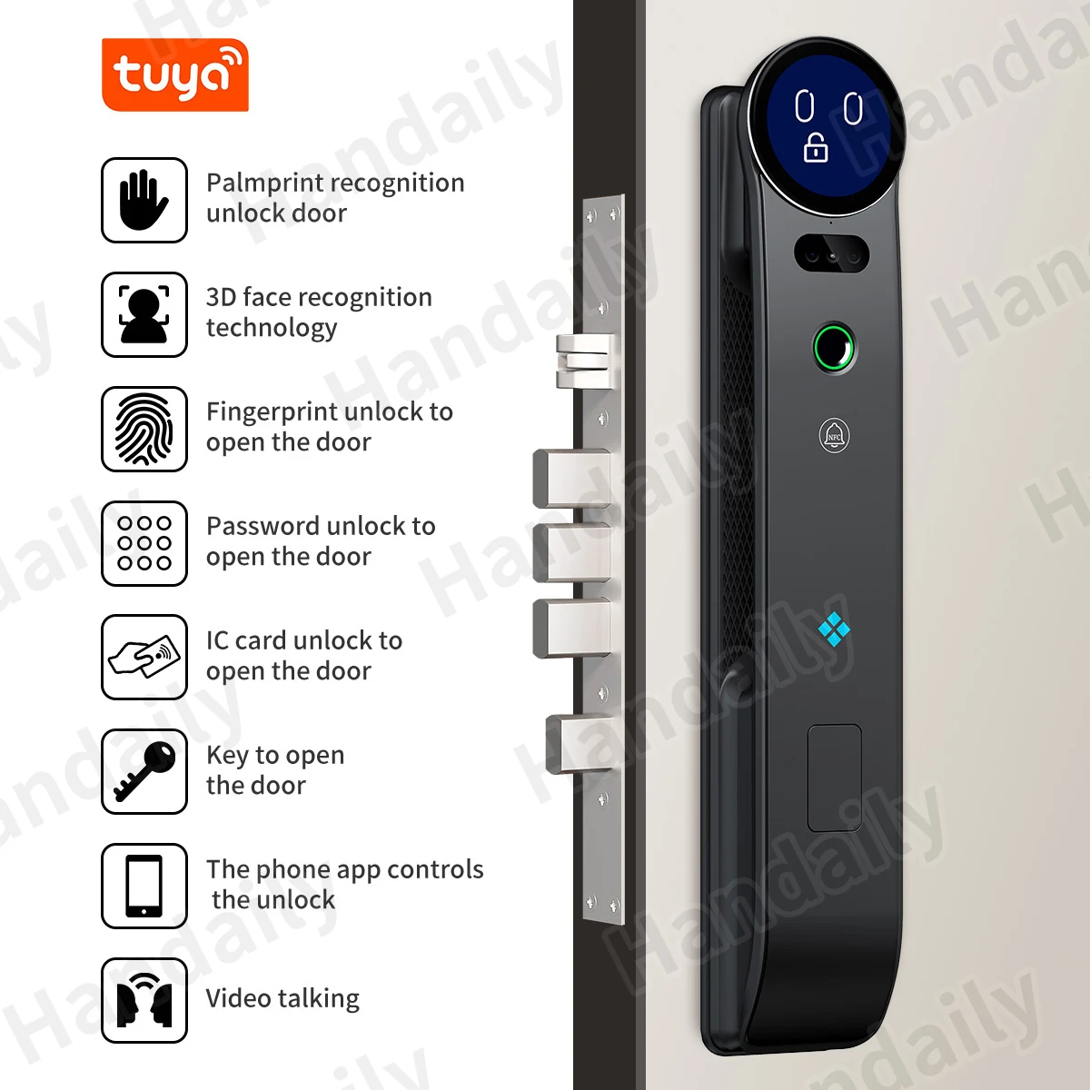HanDaily 2025 Neu Handvenen-KI-Smartlock für Haustür Gesichtserkennung Fingerabdruck Video-Türsprechanlage Digitalschloss mit Kamera A20