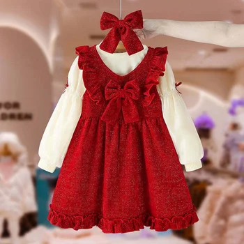 Winter Girls Cotton Bowknot Clothing Set kid Casual Clothes Baby Girl Long Sleeve Dresses