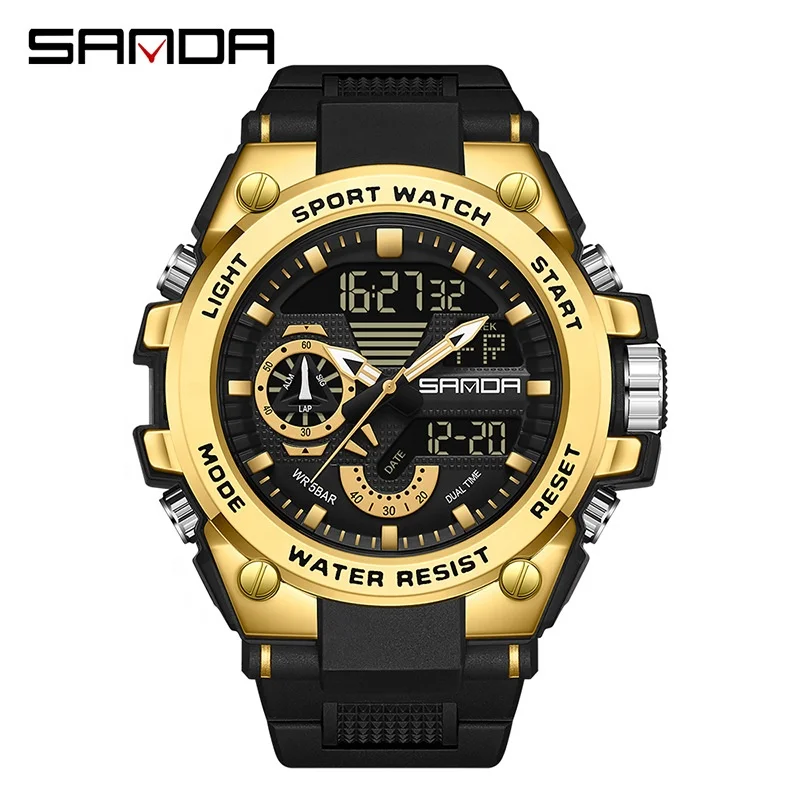 Sanda 3302 Analog Digital Movement Wrist Calendar Watch 2023 New Arrival Model Waterproof Outdoor Sports Men Alarm Wristwatch