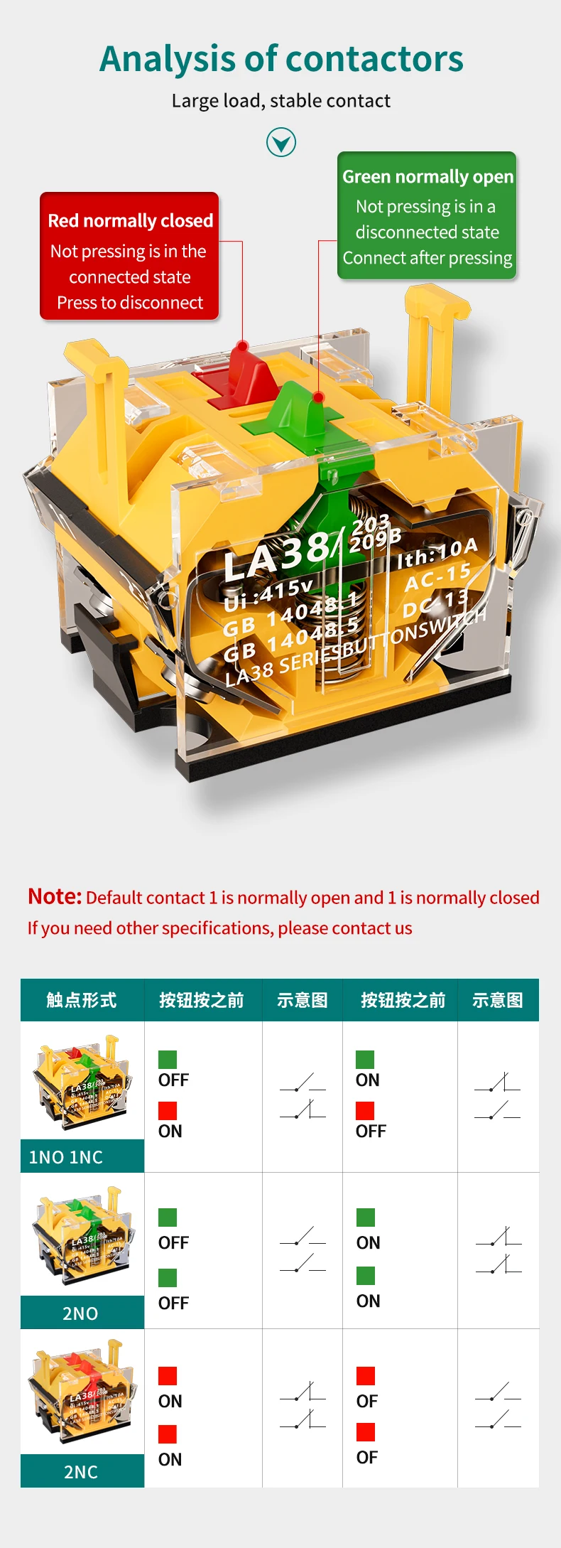 660VAC LA38-11BH Head Dual Head Mechanical Lighting Button 22mm 1NO1NC Brass IP40 Screw Terminal Full Illuminated Max Current