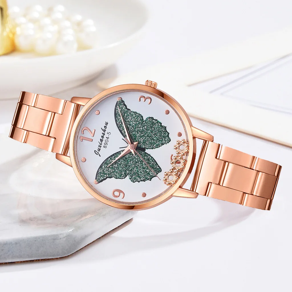 Simple Butterfly Dial Flowing Flower Steel Band Quartz Watches