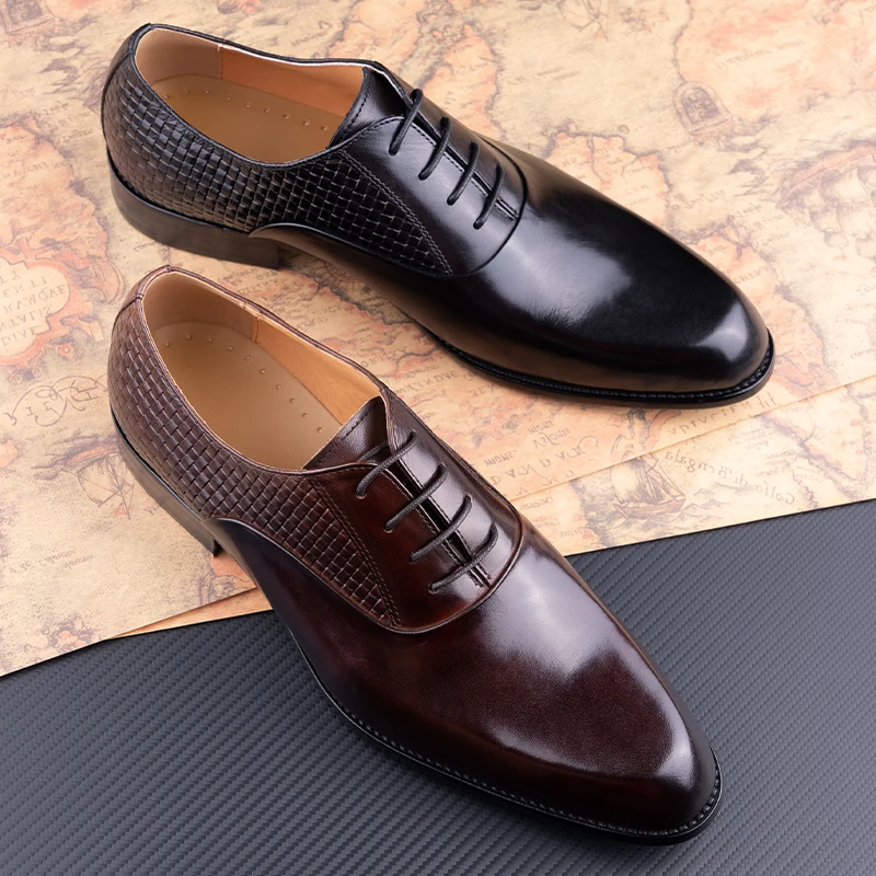 Handcrafted Men's Leather Dress Shoes Lace-up Oxford High Top Closed Toe  Wedding Shoes Lightweight Breathable Custom Rubber