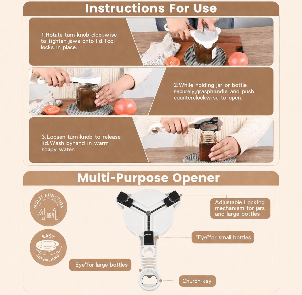 Multifunction Kitchen Tool ABS Jar Opener and Bottle Openers for Seniors Can Openers