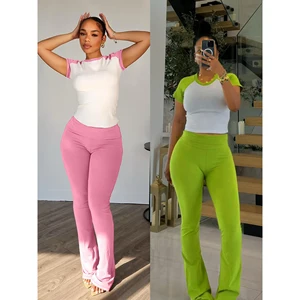 Summer 2026 New Women Two Piece Pants Set Contrast Color Short Sleeve Leisure Tracksuit Sport Yoga 2 Piece Pants Set