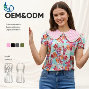 2026 New Women's Casual Short Sleeved Printed Shirt with Checkered Collar and Cartoon Pattern, Suitable for Daily Wear in Summer