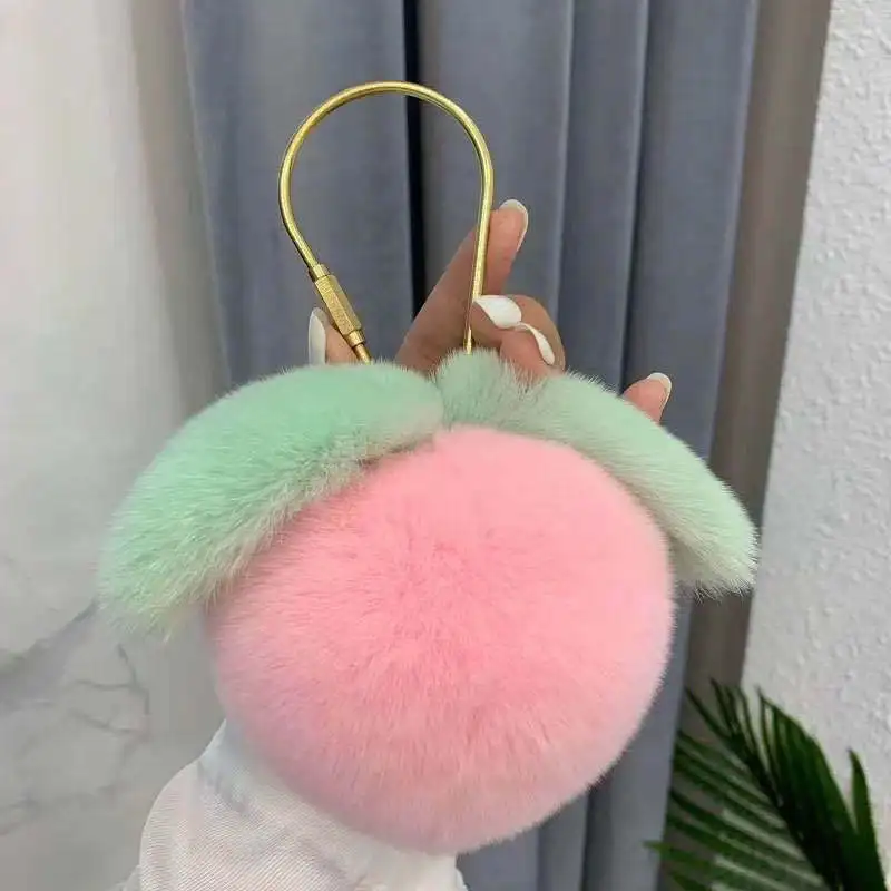 Colorful Ball Real Rex Rabbit Fur Pompoms Keychain Bulk Fluffy Key Chain  Car KeyRing Pendent