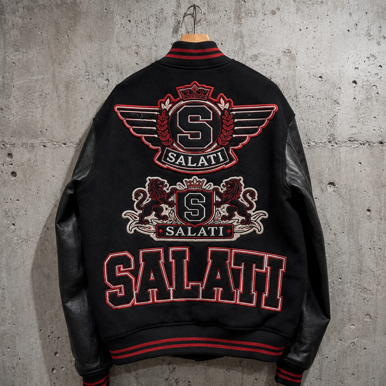 Custom Black Red Baseball Jacket Embroidered Badge Letter Graphic Patchwork Contrast Sleeve Ribbed Cuff Streetwear Men Jackets gallery 3
