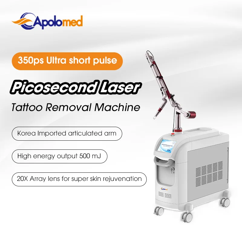 แขนกลแบบข้อต่อของเกาหลี ยี่ห้อ APOLOMED สำหรับคลินิก ระบบเลเซอร์พิโค (Picolaser) ทางการแพทย์ เครื่องเลเซอร์พิโคเซคคอนด์ (Picosecond) Q-Switched Nd:YAG สำหรับกำจัดรอยสัก