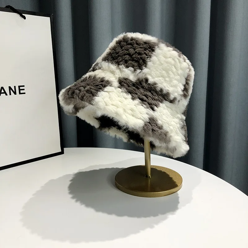 2022 Top Quality Patchwork  Custom Plaid Furry Fluffy Faux Fur Bucket Hat