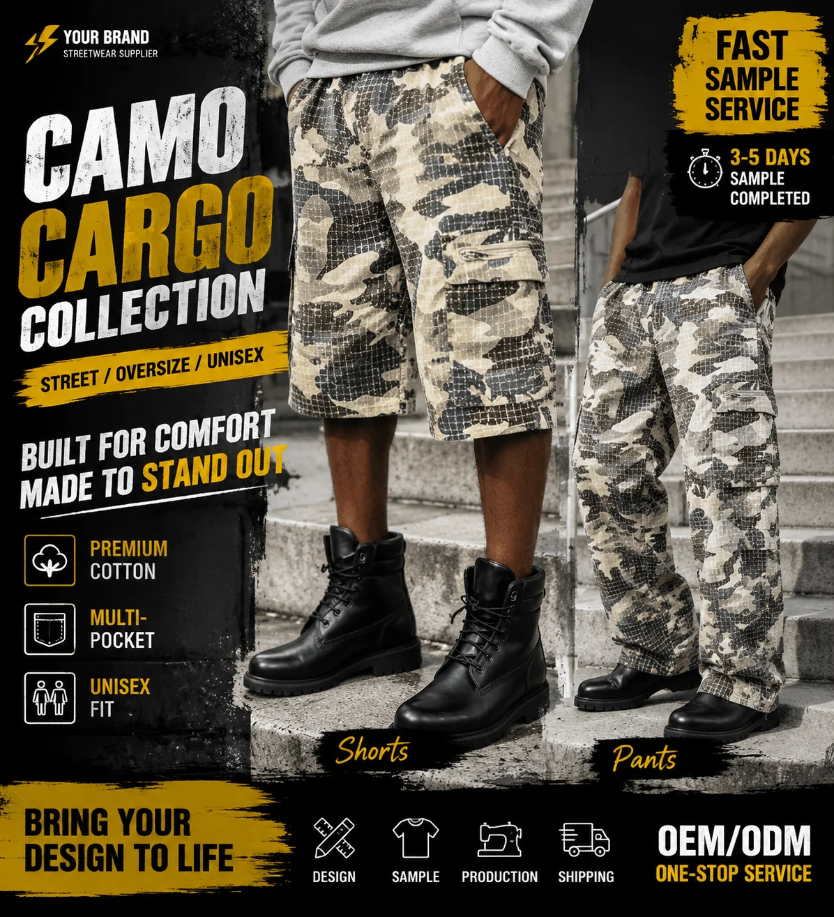 Custom Allover Printing Twill Cargo Work Pants Oversized Detachable Wide Leg Baggy Tactical Utility Camo Cargo Pants for Men