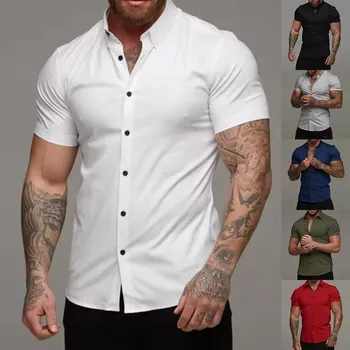 Men Fashion Casual Short Sleeve Solid Shirt Super Slim Fit Male Social Business Dress Shirt