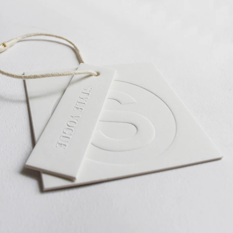Custom Luxury Design Printing Name Logo Paper Garment Hangtag Labels Clothing Hang Tags Pure White Embossed Hang Tag With String