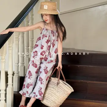 2025 Girls' Summer Cropped Baby Pants Korean Style Casual Floral Pattern Wide Leg Sling Pants Overalls