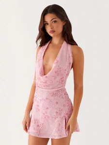 2025 Summer Women's Casual Beaded Embroidered Sequined Halter Dress Sweet Style Deep V-Neck Backless Strappy